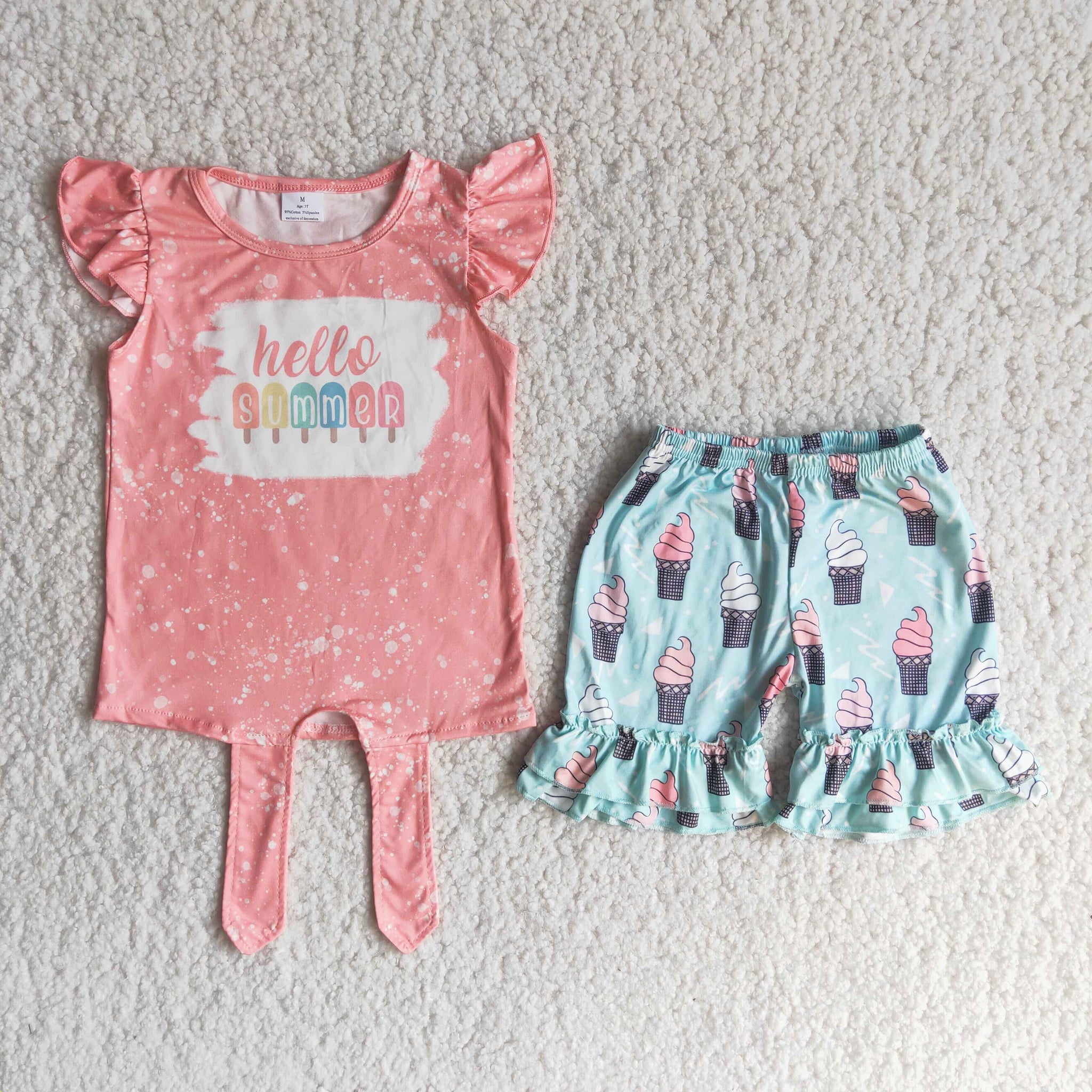 girl hello summer ice cream short sleeve summer set-promotion 2024.4.5 $5.5