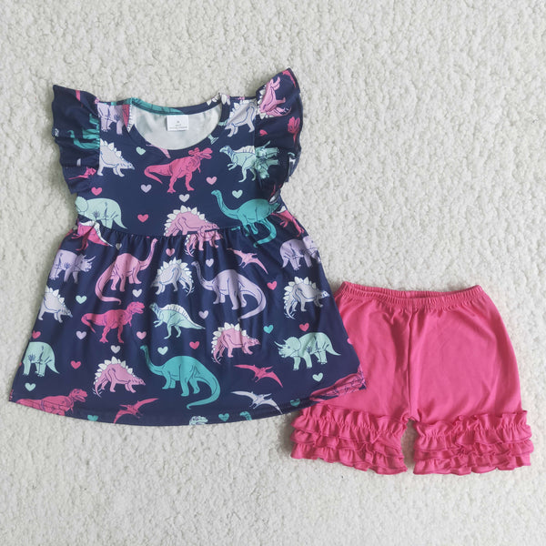 girl dinosaur hot pink summer flutter sleeve set