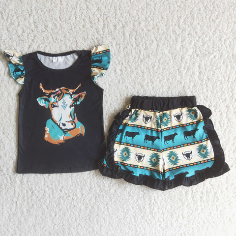 C15-4 girl farm black cow green flutter sleeve set-promotion 2024.4.5 $5.5