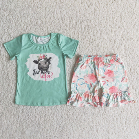 C4-16 girl green cow farm flower short sleeve summer set-promotion 2024.5.25 $2.99