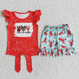 D12-13 girl pink crawfish peace love lobster short sleeve summer set-promotion 2024.4.22 $5.5