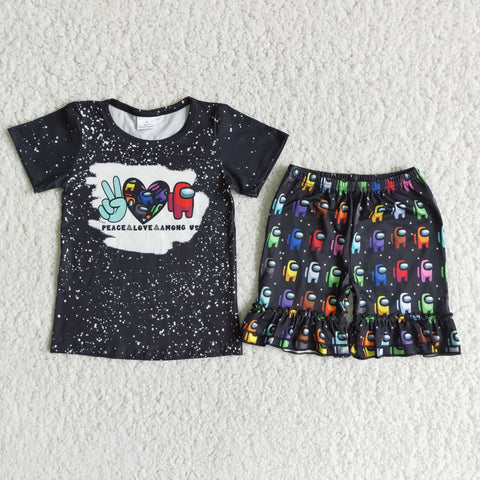 D12-2 girl black cartoon peace love  short sleeve summer set-promotion 2024.4.22 $5.5