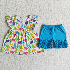 D11-27 girl colorful dinosaur summer flutter sleeve set-promotion 2024.4.22 $5.5