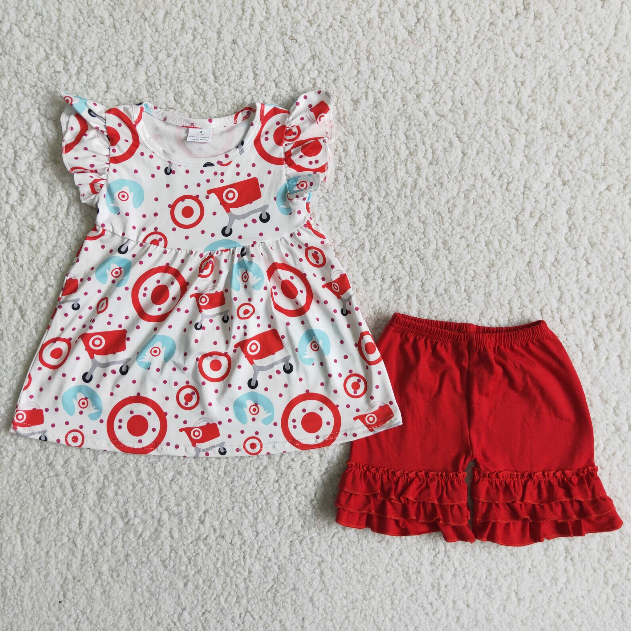 A7-14 girl red target  cart summer flutter sleeve set-promotion 2024.5.3 $2.99