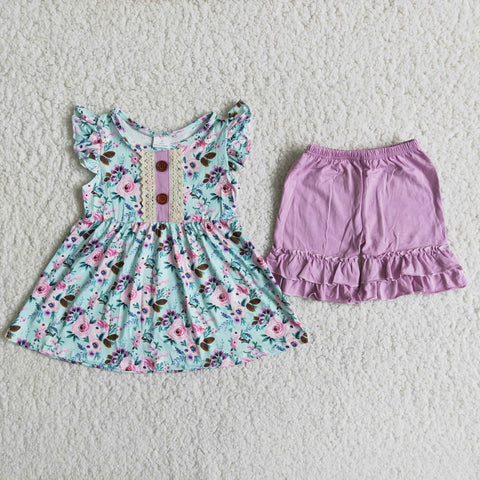 C6-22 girl purple flower summer flutter sleeve set-promotion 2024.3.30 $5.5