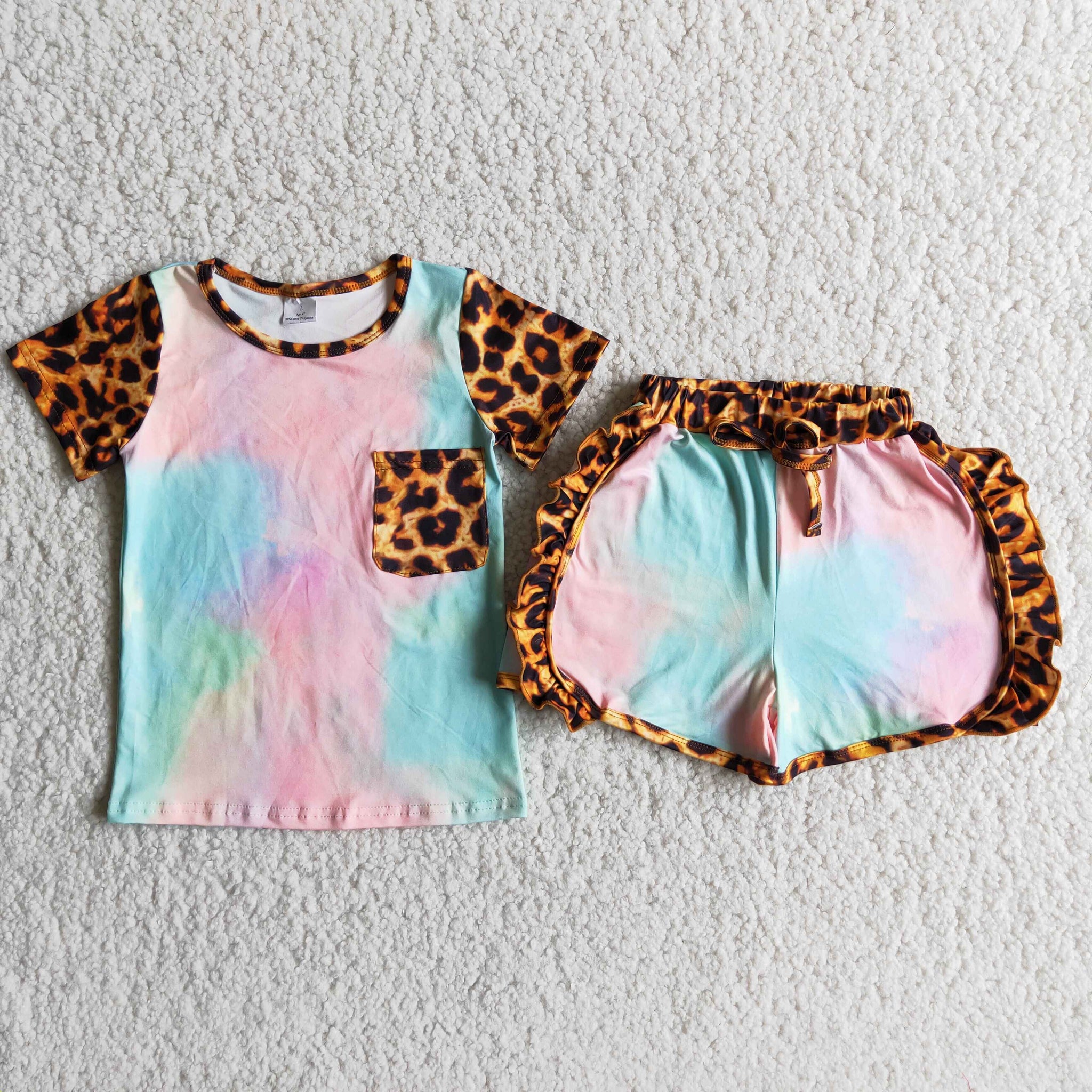 D9-27 girl colorful leopard pocket short sleeve summer set-promotion $5.5 2024.4.13