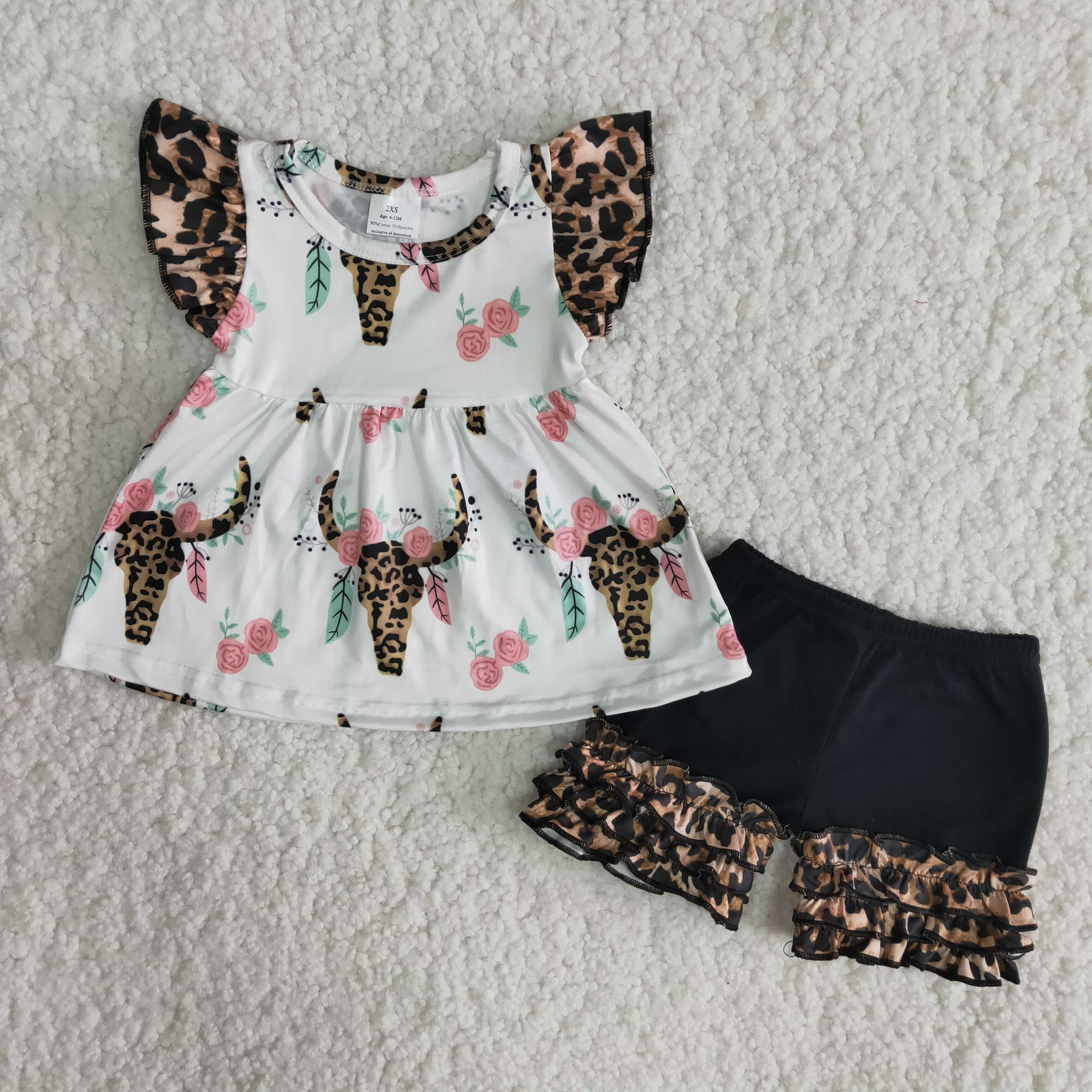 A18-1 girl clothes farm cow leopard summer flutter sleeve set-promotion 2024.2.24