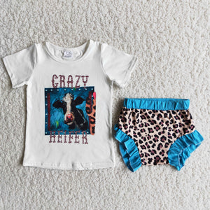 D6-16 girl crazy heifer leopard cow farm short sleeve bummies set-promotion 2024.5.25 $5.5