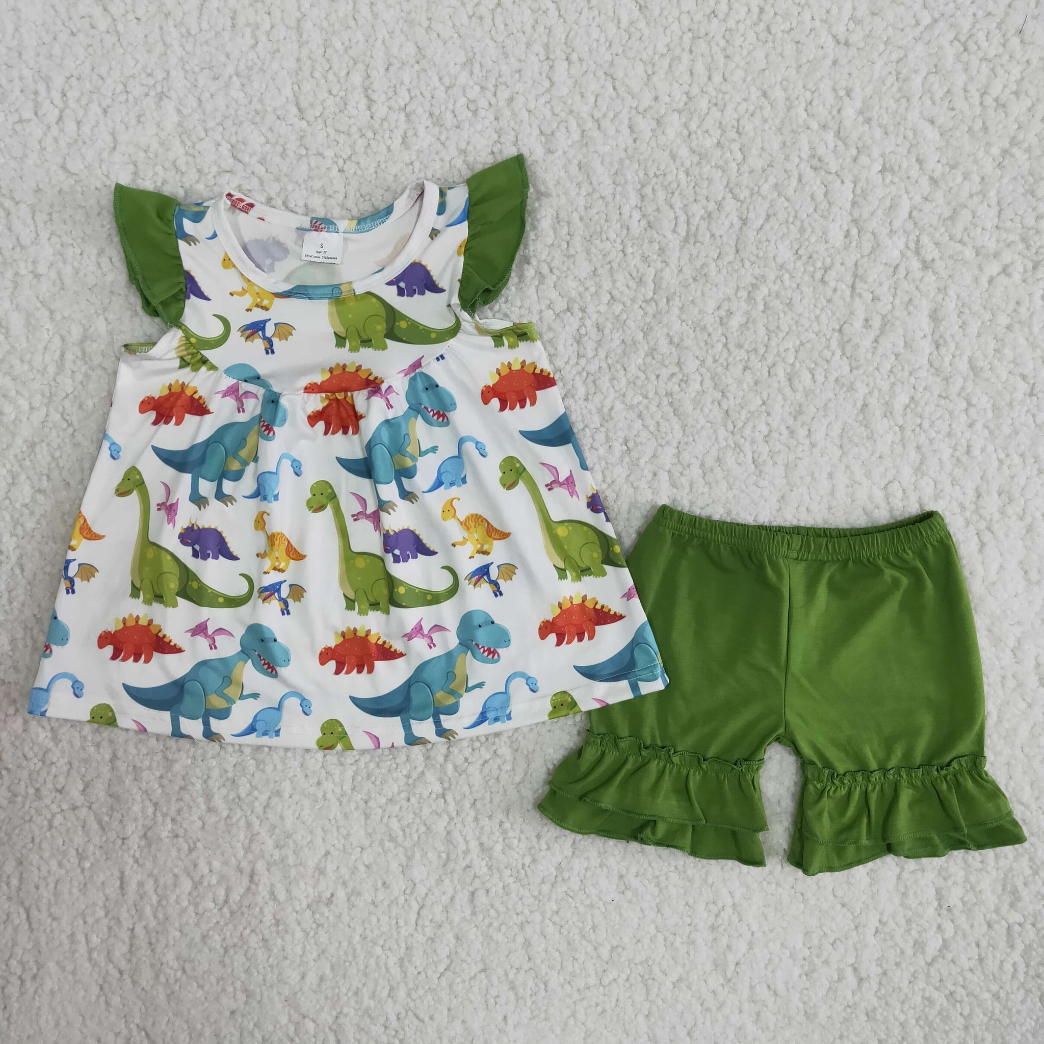 B9-2 girl dinosaur green summer flutter sleeve set-promotion 2024.6.15 $2.99