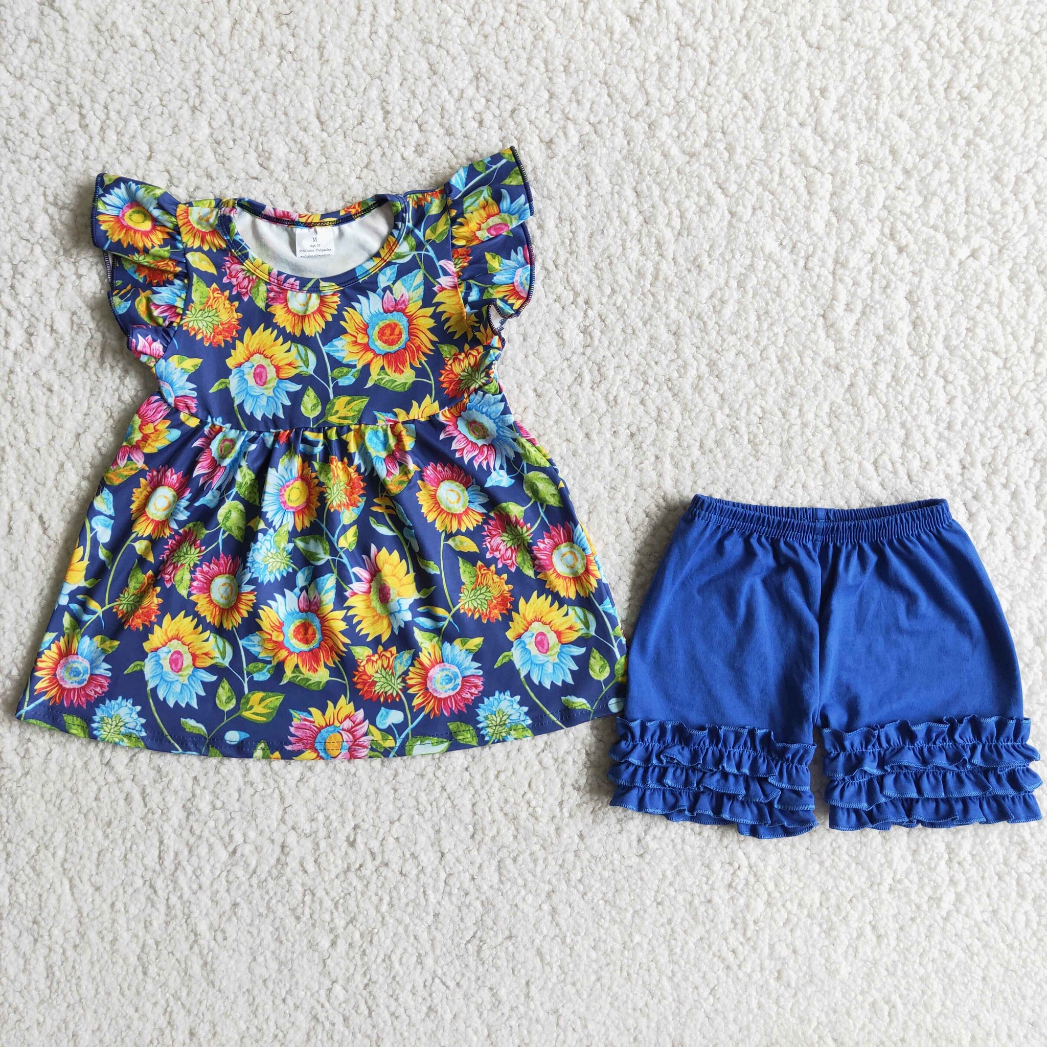 B13-13 girl blue sunflowers shorts summer flutter sleeve set-promotion 2024.5.13 $2.99