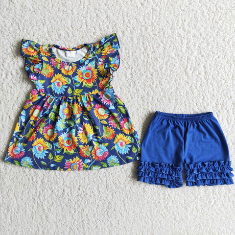 B13-13 girl blue sunflowers shorts summer flutter sleeve set-promotion 2024.5.13 $2.99