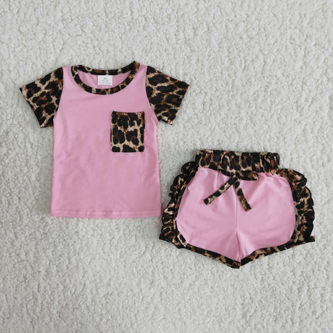 C1-21 girl pink leopard pocket  summer short sleeve set-promotion 2024.3.23 $5.5