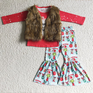 brown fur vest red cartoon christmas outfits baby girl clothes