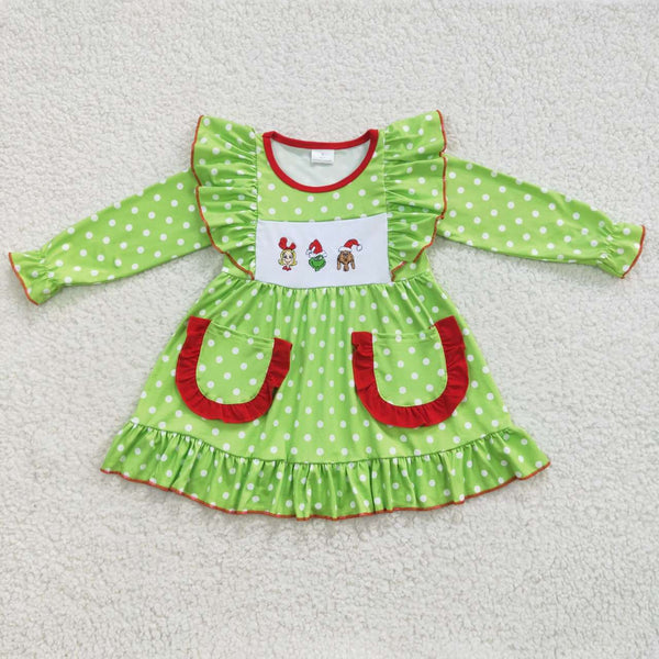 GLD0217 RTS Toddler girl clothes green embroidery girl christmas dress
