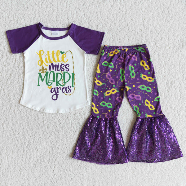 E7-27 kids clothes girls purple sequin mardi gras bell bottom outfits