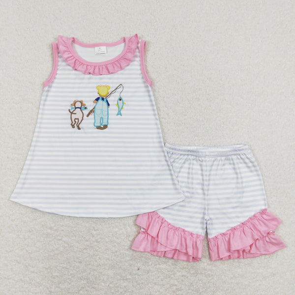GSSO0412 baby girl clothes fish embroidery toddler fishing clothes girl summer shorts set