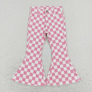 P0348 baby girl clothes girl jeans pink plaid toddler bell bottom jeans valentines day clothes