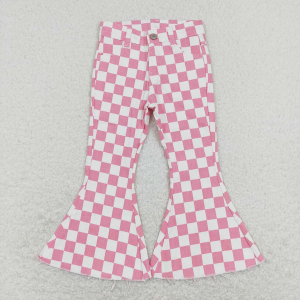 P0348 baby girl clothes girl jeans pink plaid toddler bell bottom jeans valentines day clothes