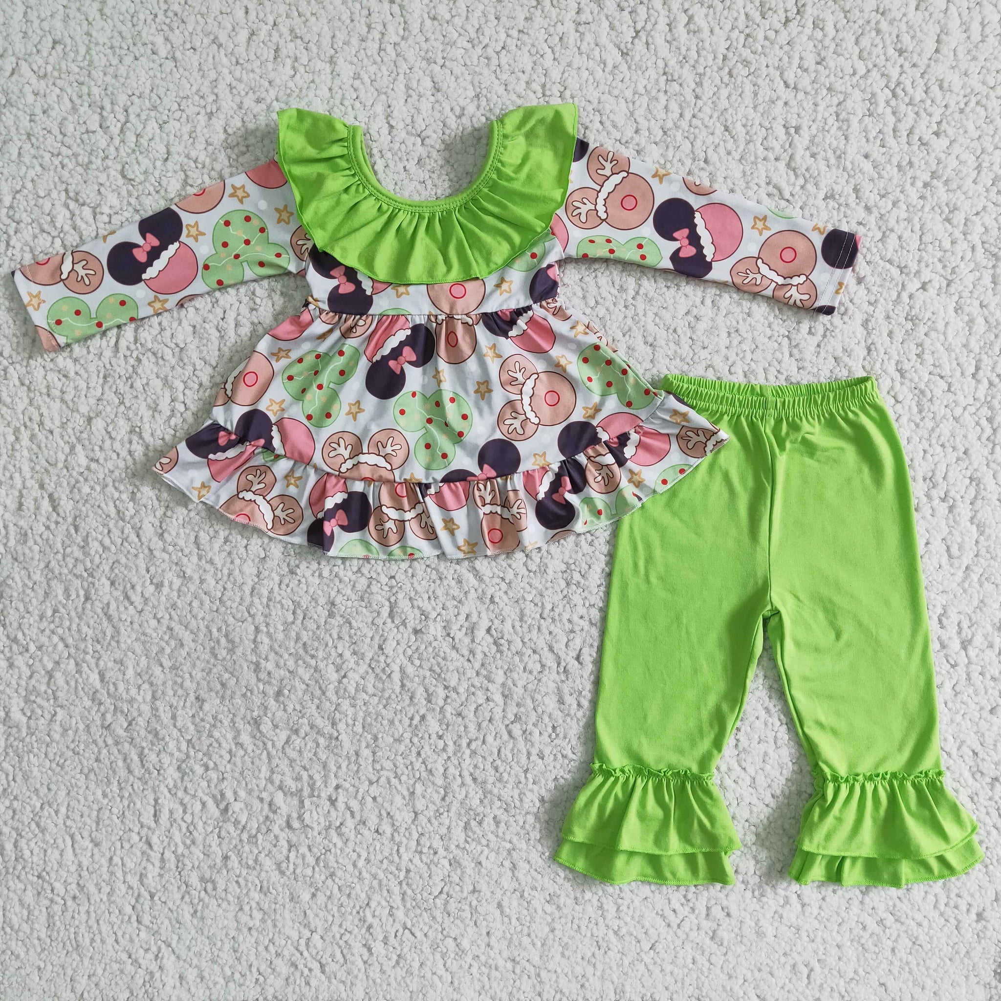 girl winter green cartoon big bow long sleeve set