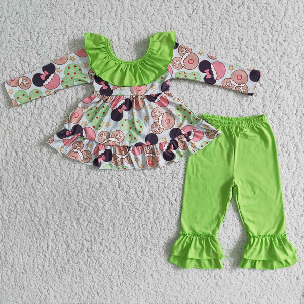 girl winter green cartoon big bow long sleeve set