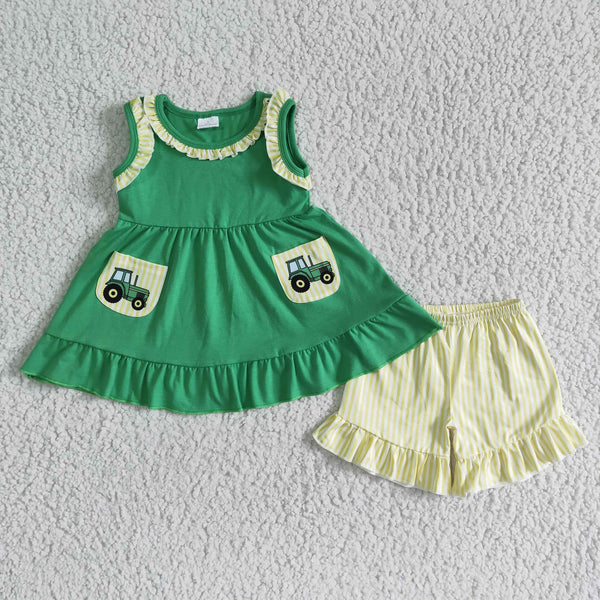 GSSO0097 baby girl clothes green car summer shorts set-promotion 2024.5.25 $5.5