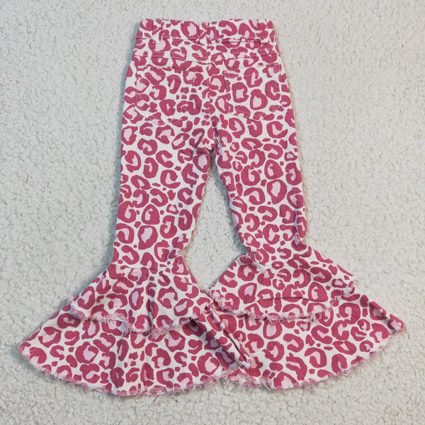 P0044 kids clothes girls pink leopard bell bottom pants flare pant