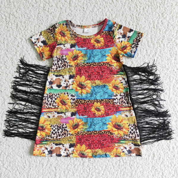 GSD0057 girl clothing summer tassel cow sunflower short sleeve dress-promotion 2024.5.18 $5.5