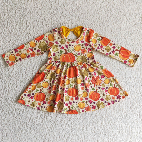 GLD0055 kids clothes girls girl halloween pumpkin bow dresses