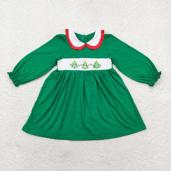 GLD0559 RTS toddler girl clothes smock green tree girl christmas dress