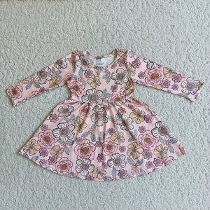 girl pink winter long sleeve flower dress