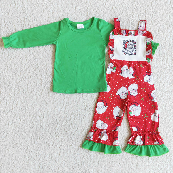 girl green christmas santa claus winter long sleeve set shirt +jumpsuit