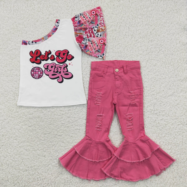 GSPO0594 toddler girl bell bottom outfit let's go girls denim pant outfit