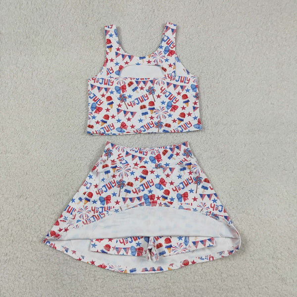GSD3498  RTS kids clothes 4th of July Flag sports clothing girl summer shorts set
