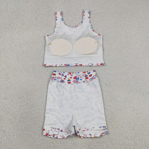 GSD3498  RTS kids clothes 4th of July Flag sports clothing girl summer shorts set