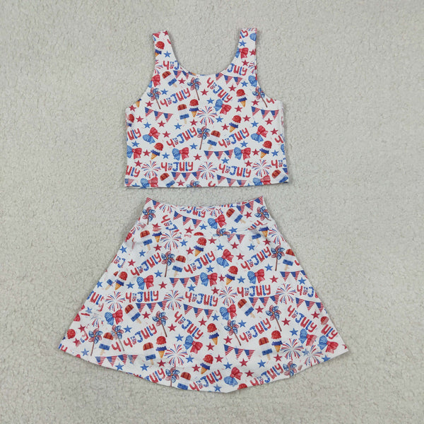 GSD3498  RTS kids clothes 4th of July Flag sports clothing girl summer shorts set