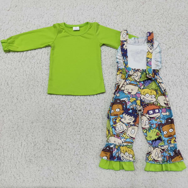 6 A18-16 girl green cartoon set shirt+overalls-promotion 2023.12.23