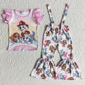 E12-17 girl clothes  cartoon dog pink overalls set