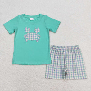 BSSO0638 RTS baby boy clothes embroidery Crab toddler boy summer outfit