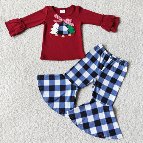 6 C6-40 girl tree emboridery christmas plaid winter long sleeve set-promotion 2023.11.18