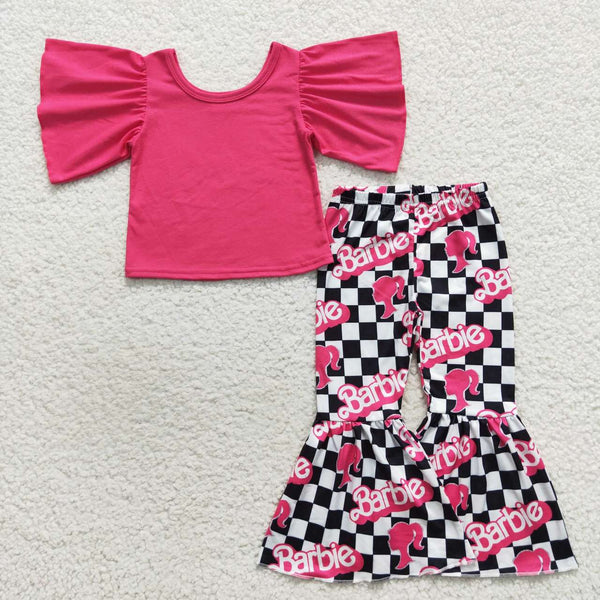 GSPO0809 toddler girl clothes cartoon hot pink girl bell bottom set