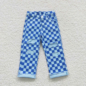 P0097 kids clothes girls jeans blue plaid denim pant