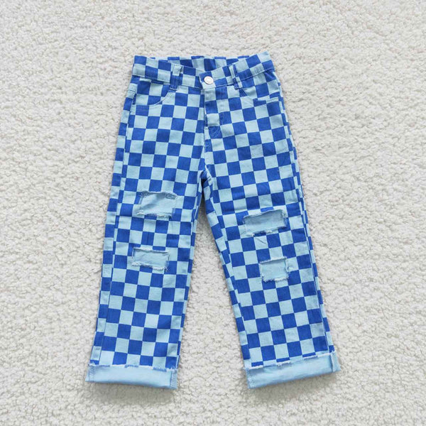 P0097 kids clothes girls jeans blue plaid denim pant