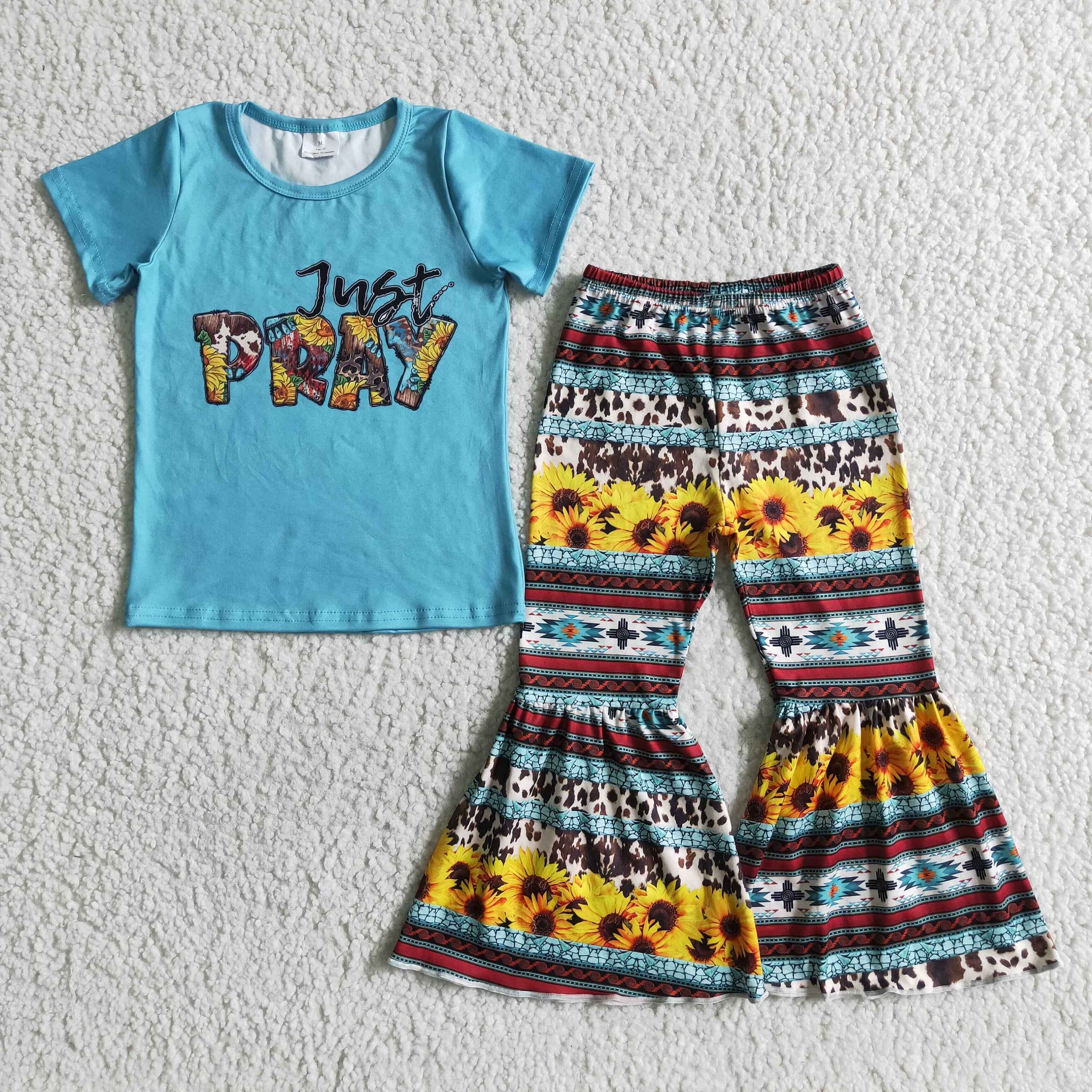 GSPO0031 Kids clothing  just pray short sleeve sunflower blue set-promotion 6.1 $5.5