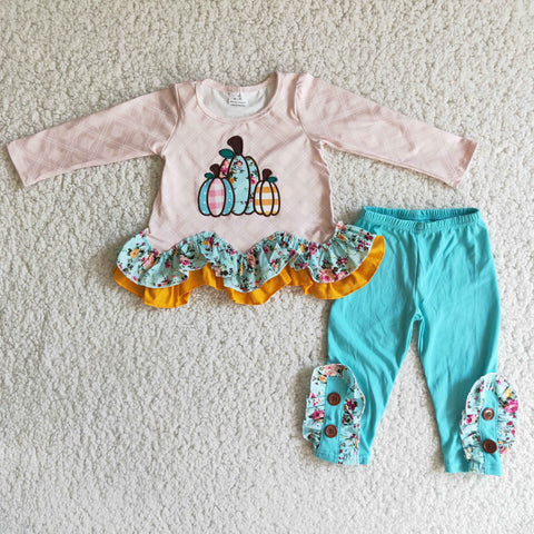 girl pumpkin emboridery halloween blue pants long sleeve set