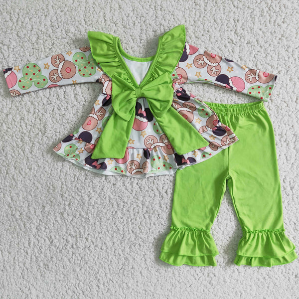 girl winter green cartoon big bow long sleeve set