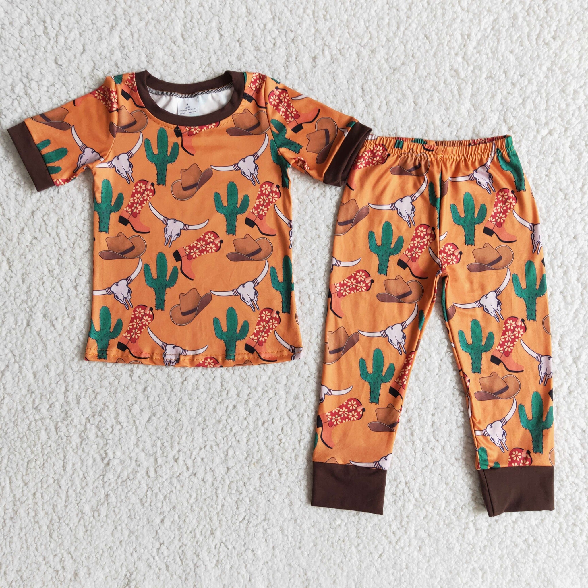 E8-11 boy cowboys cow hat cactus short sleeve fall spring set pajamas