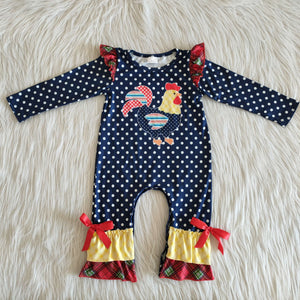 girl navy winter rooster farm long sleeve romper