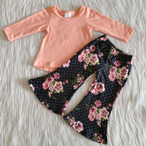 6 A20-12 girls coral black dot floral bell pants winter long sleeve set--promotion 2024.12.7 $2.99