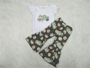 girl pumpkin truck top green bell pants set