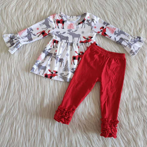 girl winter deer christmas red long sleeve set